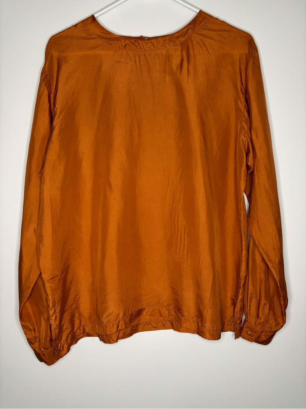 VTG Bill Blass 100% Silk Blouse Long Sleeve Gathered Neck Copper Rust Orange L